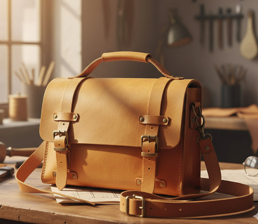 Brown leather satchel bag on a wooden surface with a blurred background