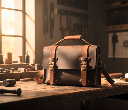 Brown leather satchel on a wooden workbench with tools in the background