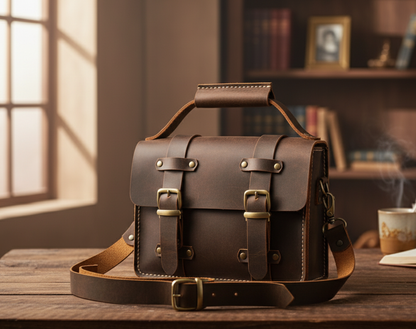 Brown leather satchel bag on a wooden surface with a blurred background