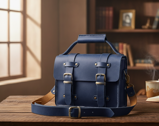 Blue leather satchel bag on a wooden table with a blurred background
