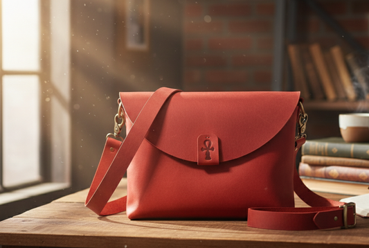 Red leather bag on a wooden surface with a warm light ambiance