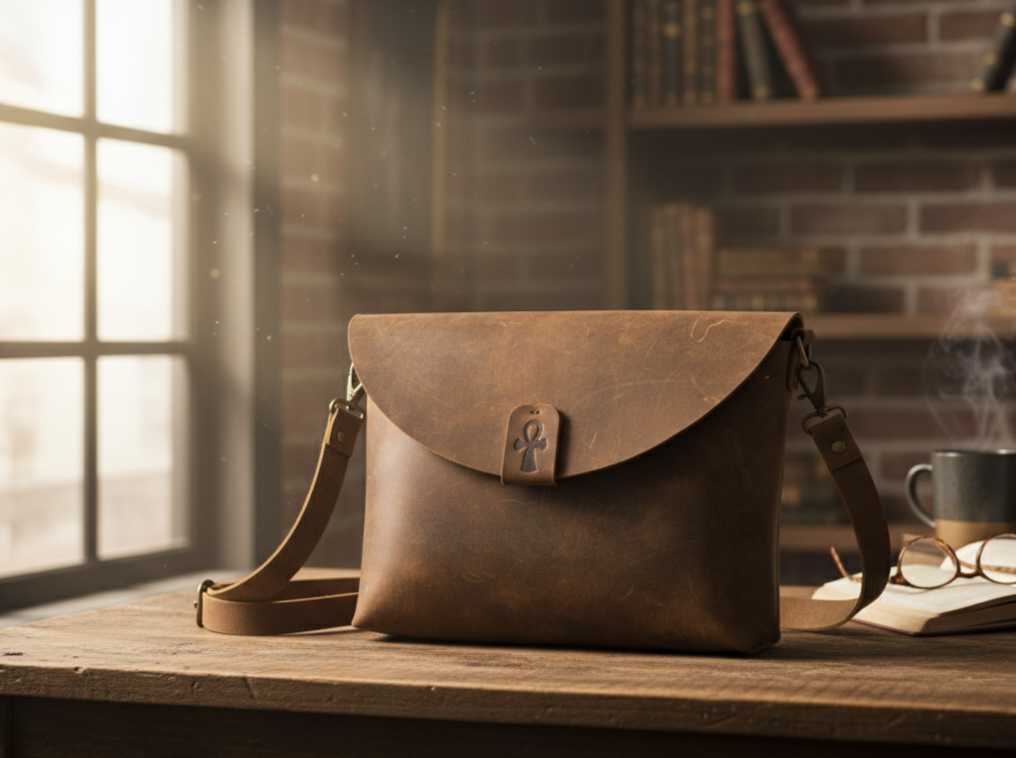 Brown leather bag on a wooden surface with a warm light setting