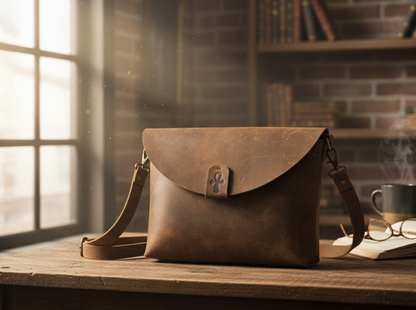 Brown leather bag on a wooden surface with a warm light setting
