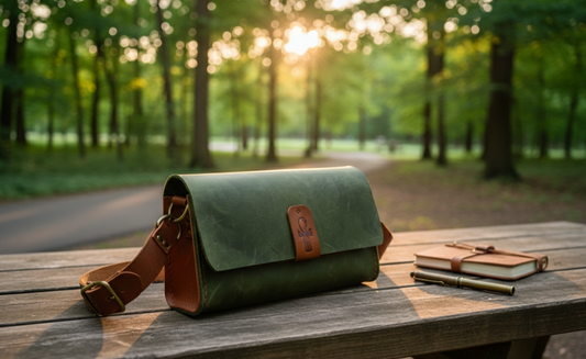 Green leather bag on a wooden table with a blurred forest background