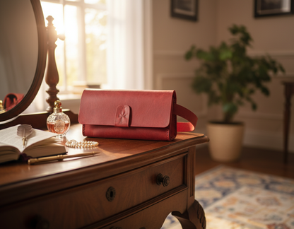 Pink handbag on a wooden dresser with an open book and perfume bottle in a softly lit room.