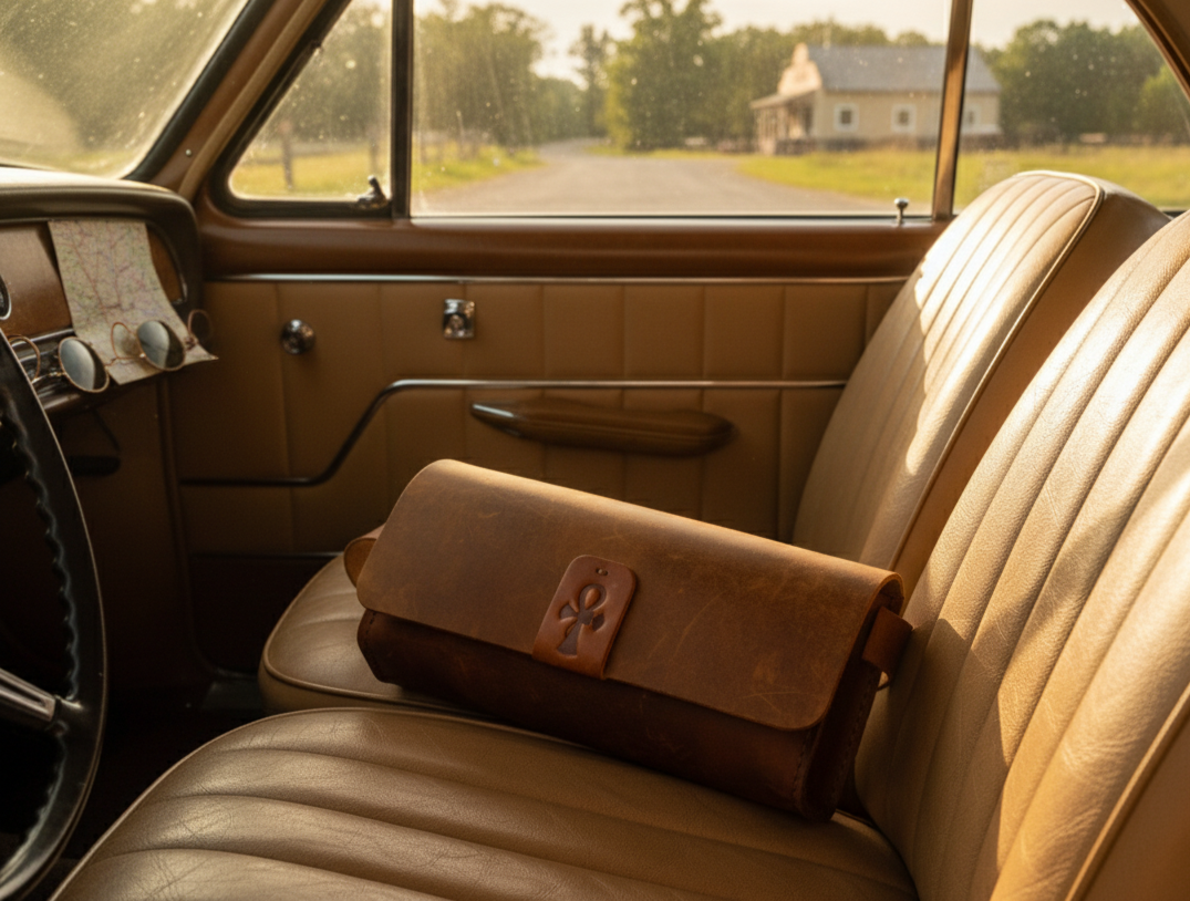 Vintage car interior with brown leather seat and bag, sunlit.