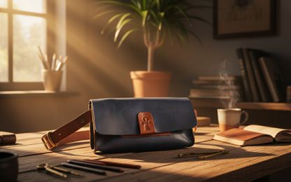 Blue leather bag on a wooden desk with a cozy room setting