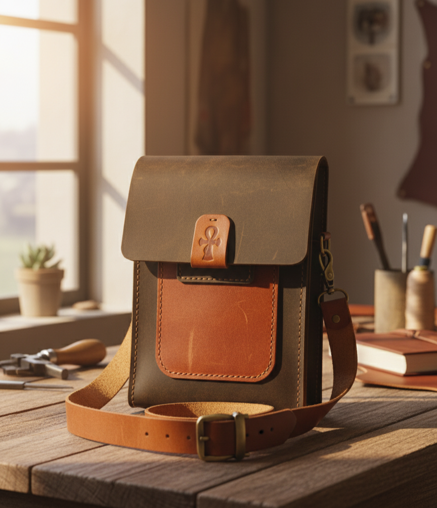 Brown leather bag on a wooden table with a window in the background