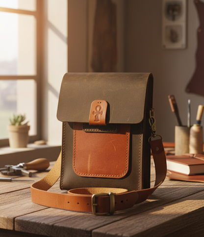Brown leather bag on a wooden table with a window in the background