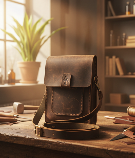 Brown leather bag on a wooden table with tools and a plant in the background