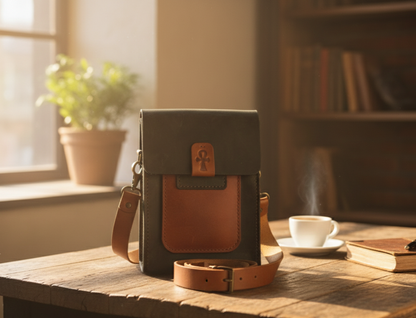 Brown leather bag on a wooden table with a cup of coffee and books in the background