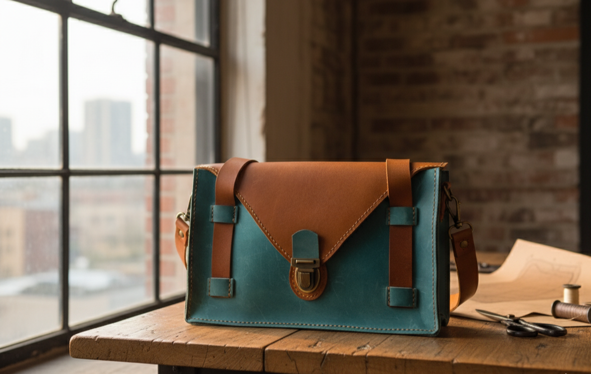 Blue and brown leather bag on a wooden table with a blurred cityscape background