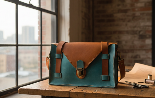 Blue and brown leather bag on a wooden table with a blurred cityscape background