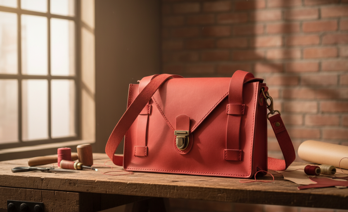 Red leather satchel bag on a wooden table with a brick wall background