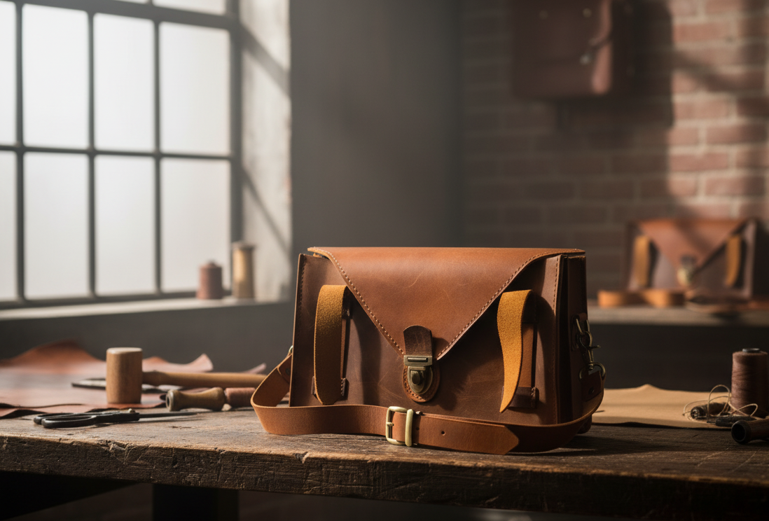 Brown leather bag on a wooden table with a rustic background