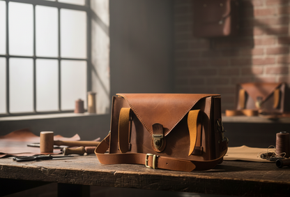 Brown leather bag on a wooden table with a rustic background
