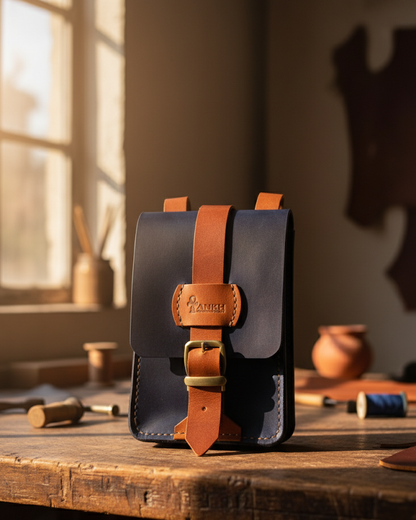 Leather pouch with brown strap on a wooden surface, workshop background