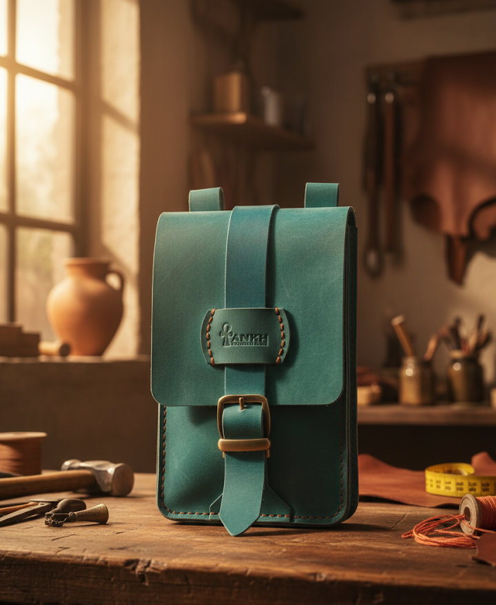 Teal leather pouch with a buckle on a wooden table in a workshop setting