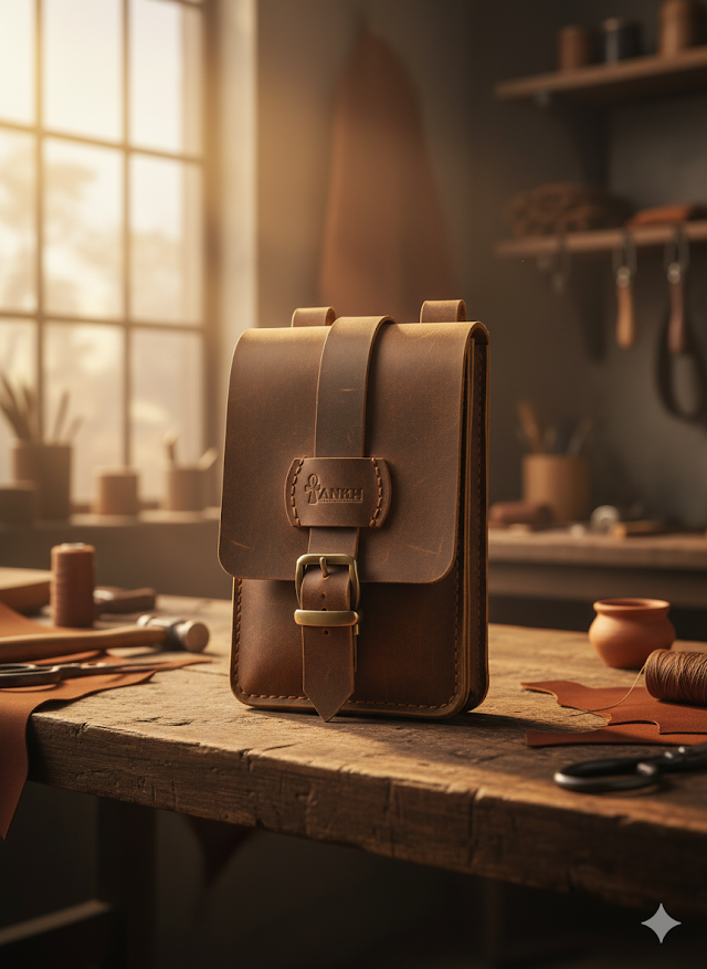 Brown leather bag on a wooden table with a workshop background