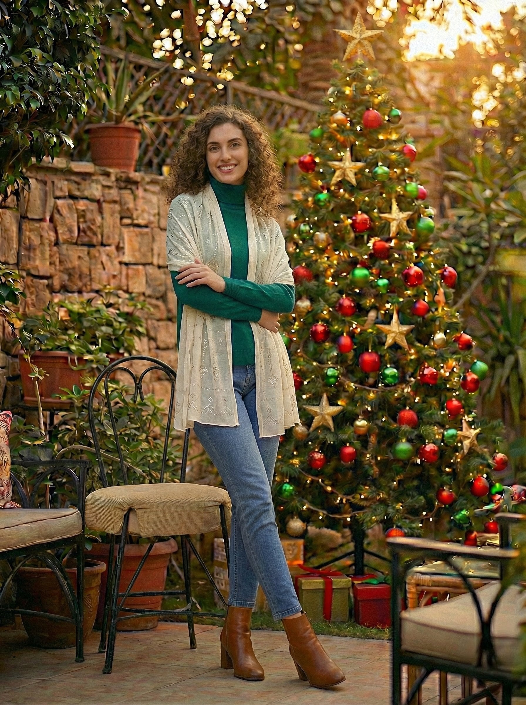Woman standing in a garden with a decorated Christmas tree in the background