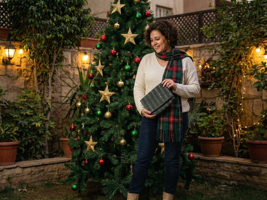 Woman standing in front of a decorated Christmas tree in an outdoor setting.