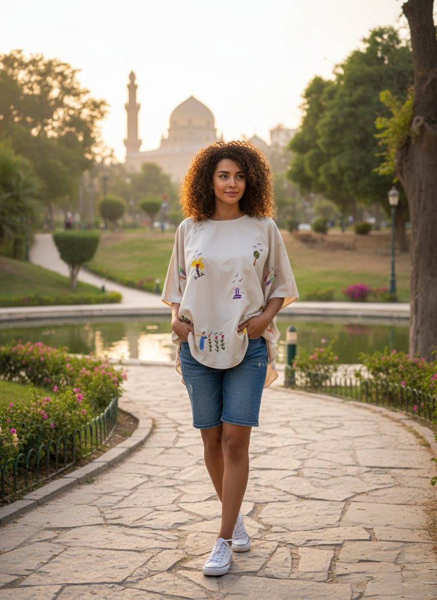 Woman standing on a stone path in a park with a scenic background