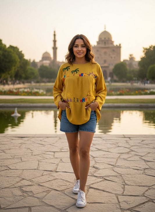 Hand-Made Cotton Blouse - Embroidered - Colorful Egyptian traditional designs M01