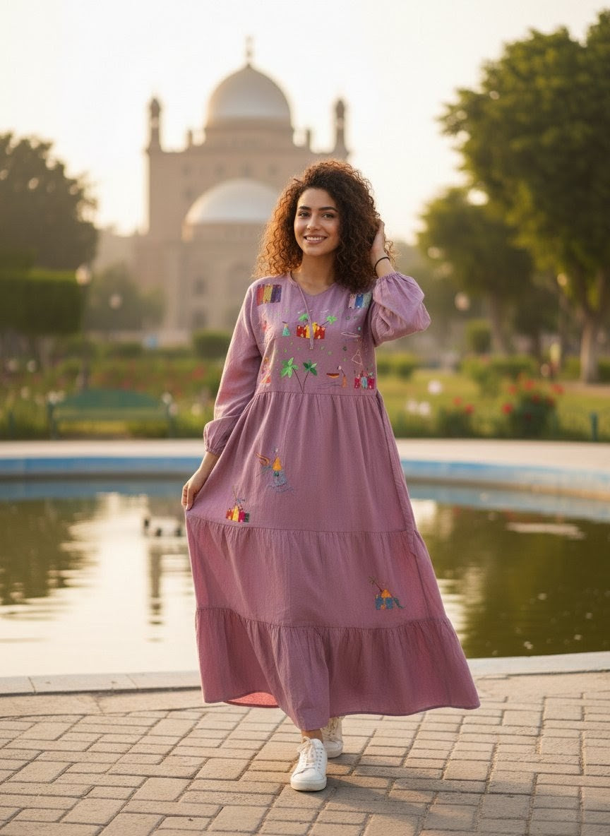 Hand-Made Long Sleeve Cotton Dress | Gallabia - Embroidered - Egyptian traditional designs M04