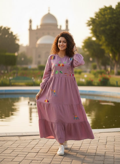 Hand-Made Long Sleeve Cotton Dress | Gallabia - Embroidered - Egyptian traditional designs M04