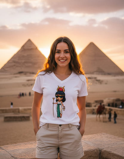 Woman wearing a white t-shirt with a cartoon design in front of the pyramids at sunset.