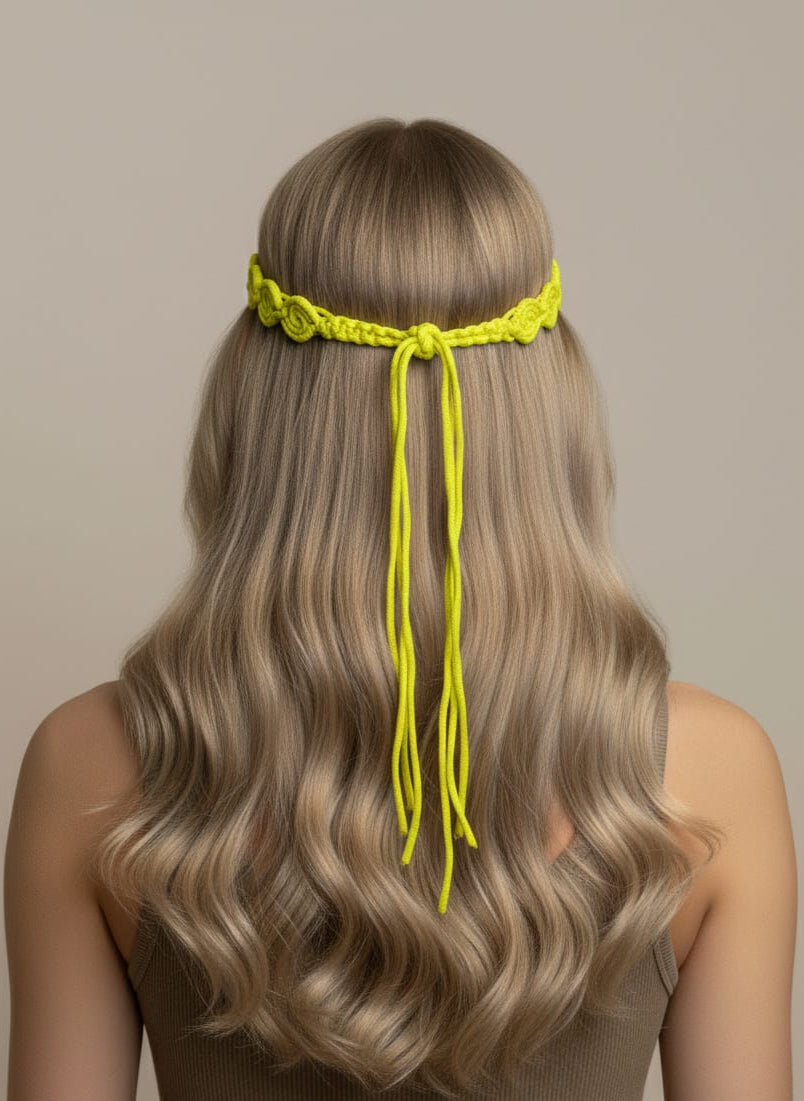 Person with long blonde hair wearing a yellow headband against a neutral background