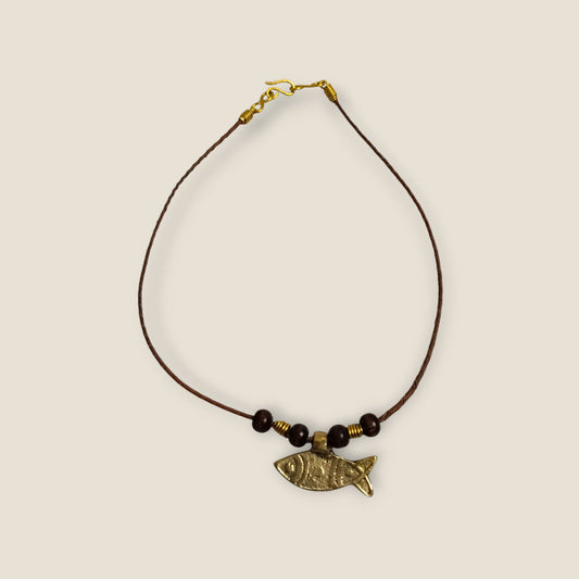Ancient Egyptian Fish Pendant Necklace - Handcrafted Brass Symbol on 44cm Leather Cord