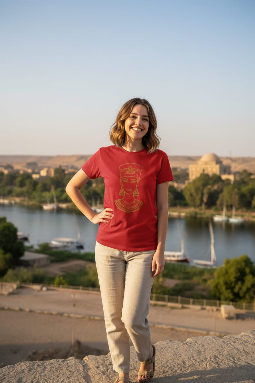 Woman in a red t-shirt standing outdoors with a scenic background