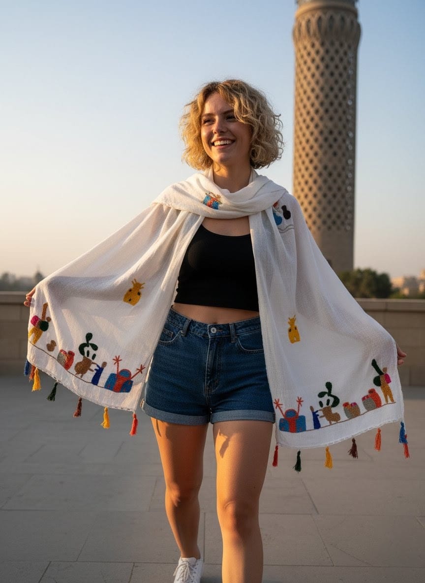 Hand-Made Cotton Scarf - Embroidered - Traditional Egyptian Colorful designs M06