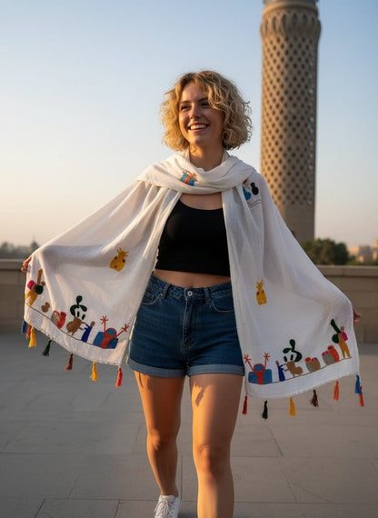 Hand-Made Cotton Scarf - Embroidered - Traditional Egyptian Colorful designs M06