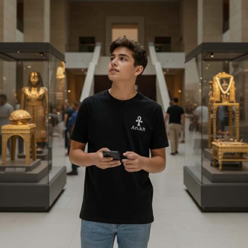Person in a museum with exhibits and a high ceiling.