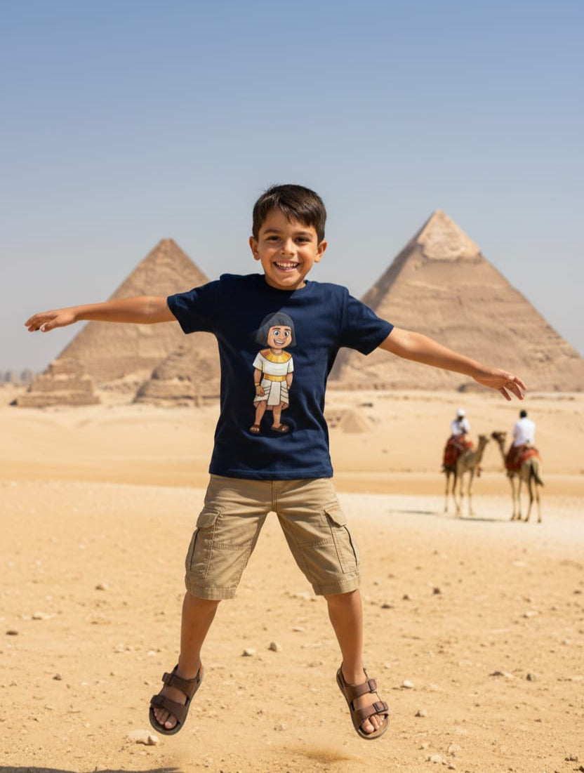 Child in front of pyramids wearing a navy blue t-shirt with a graphic design.