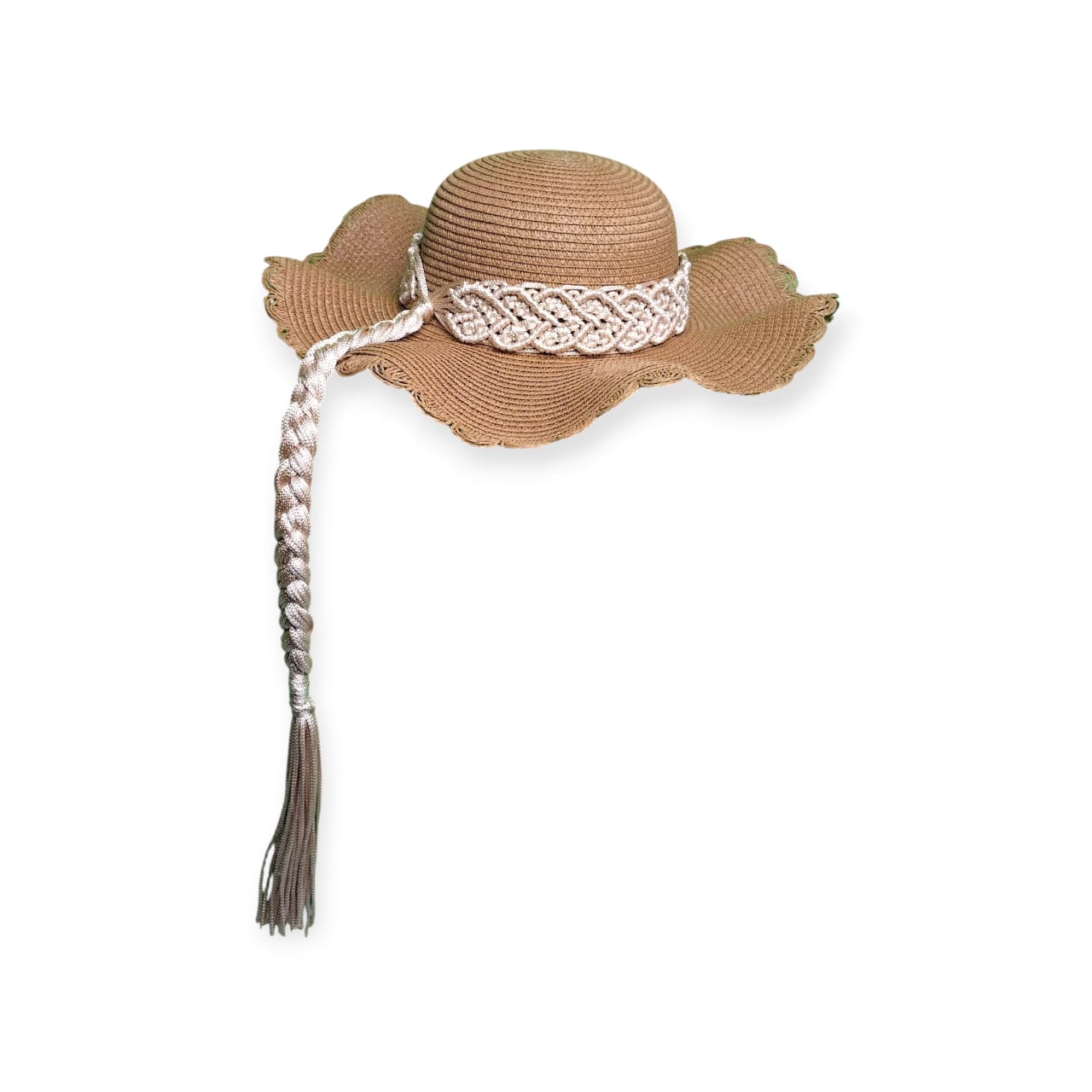 Beige straw hat with braided band and tassel on a white background