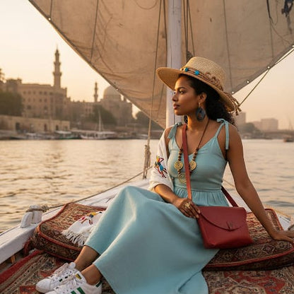 Woman in a blue dress and straw hat sitting on a boat with a cityscape in the background