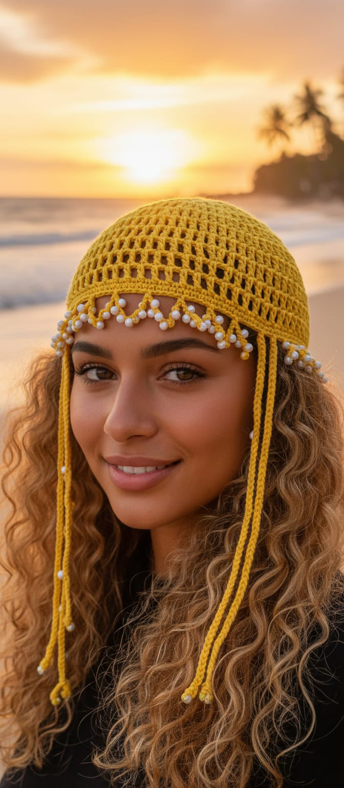 Woman wearing a yellow crochet hat with beads on a beach at sunset