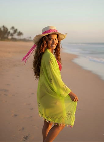 Woman in a yellow cover-up and straw hat on a beach