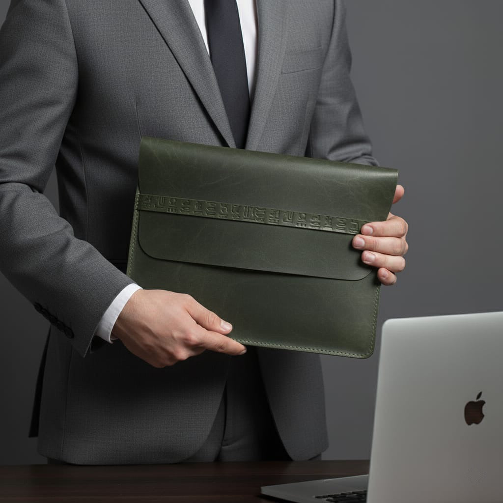 Man in a suit holding a green leather laptop case with a blurred laptop in the foreground.