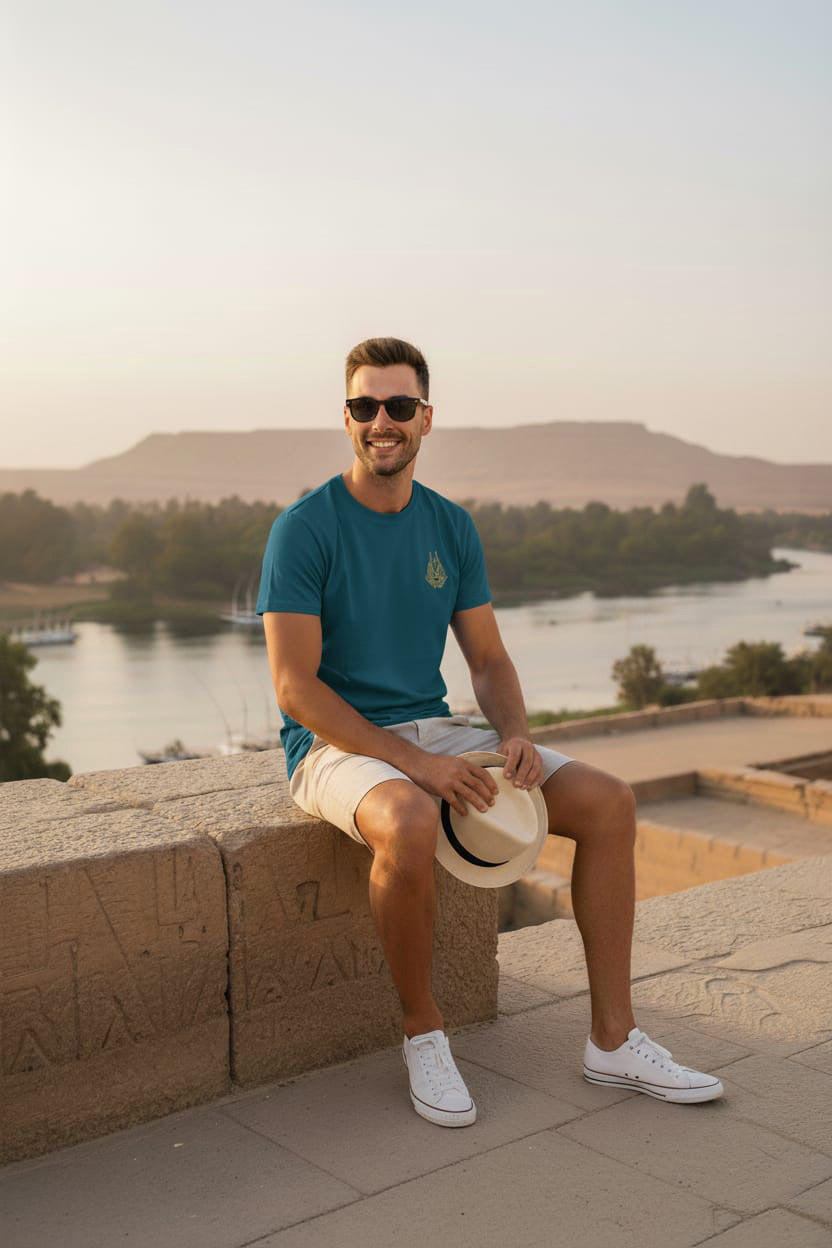 Man sitting on a stone wall with a scenic view of a river and mountains in the background