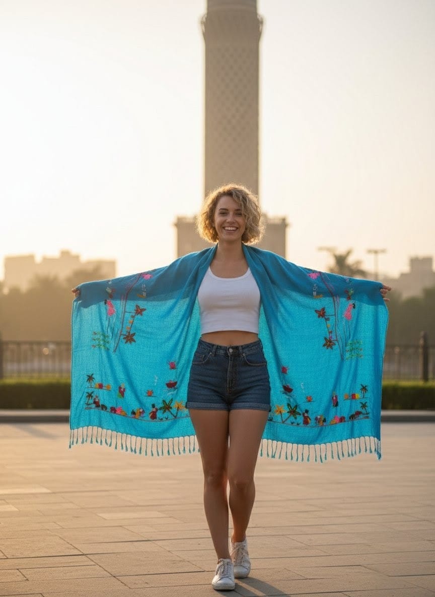 Hand-Made Cotton Scarf - Embroidered - Traditional Egyptian Colorful designs M06