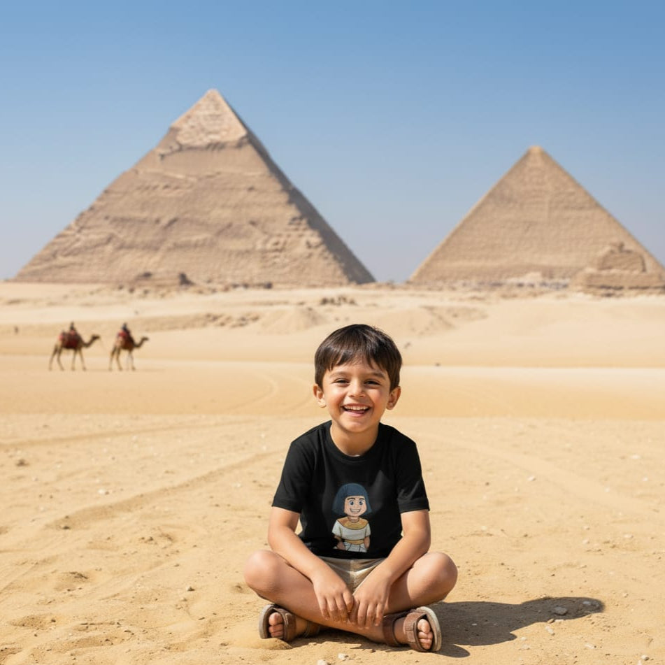 Child sitting in front of the pyramids with camels in the background