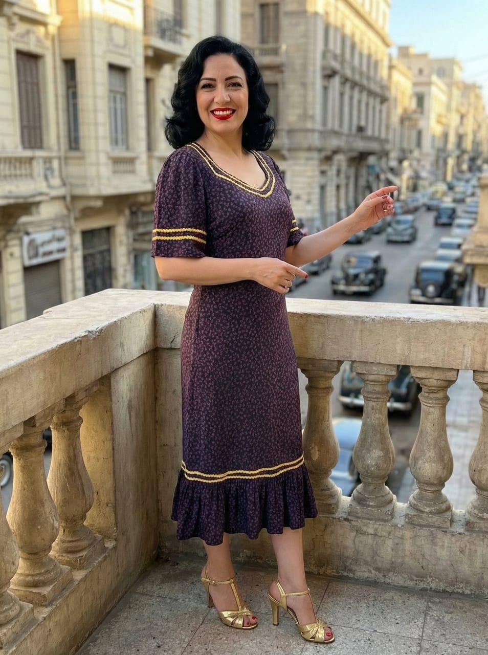 Lady wearing a traditional purple Egyptian dress with golden trim, standing on a balcony overlooking old Alexandria streets