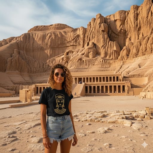 Woman standing in front of a large sandstone temple with intricate carvings.