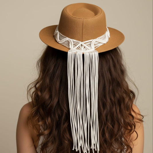 Brown hat with a macrame headband and white fringe on a neutral background