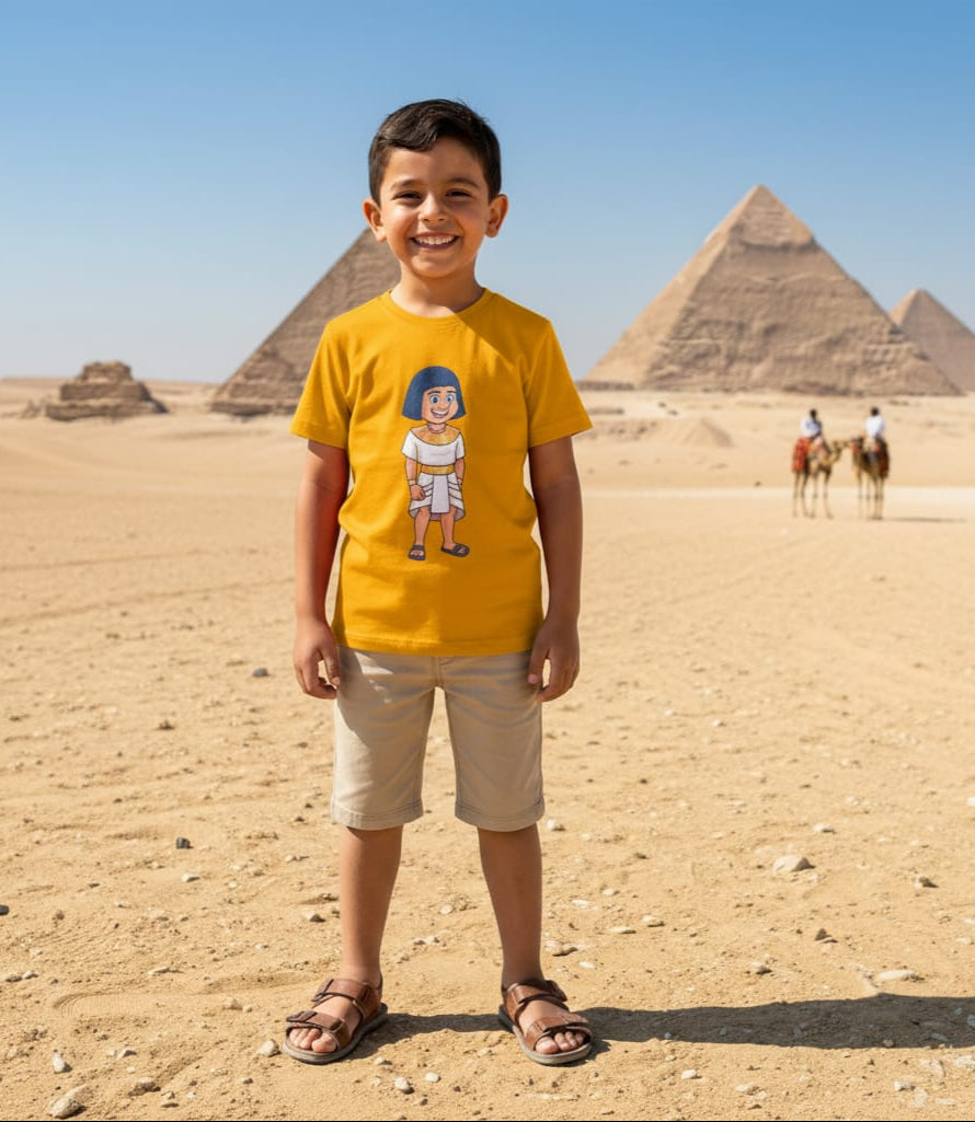 Child wearing a yellow t-shirt with a graphic design, standing in front of pyramids in Egypt.