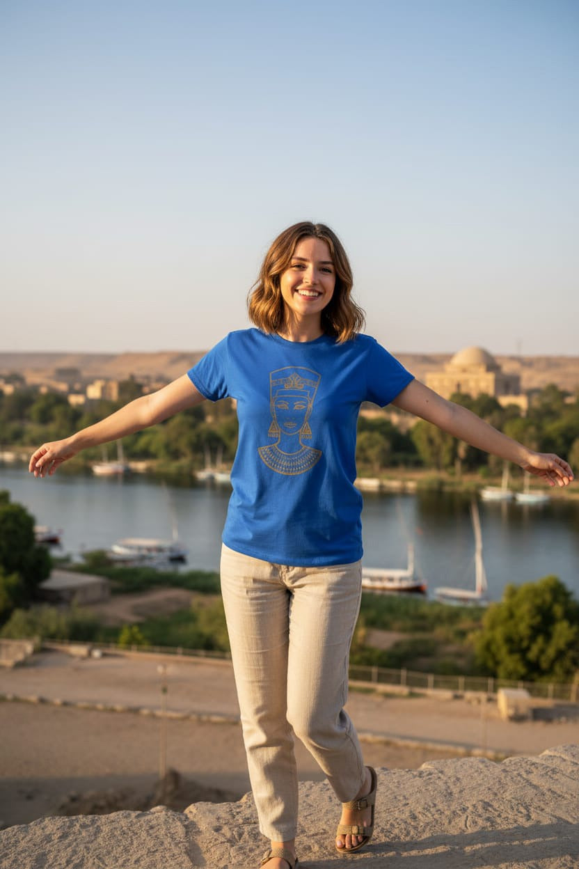 Woman wearing a blue t-shirt with a logo, standing outdoors with a scenic background.